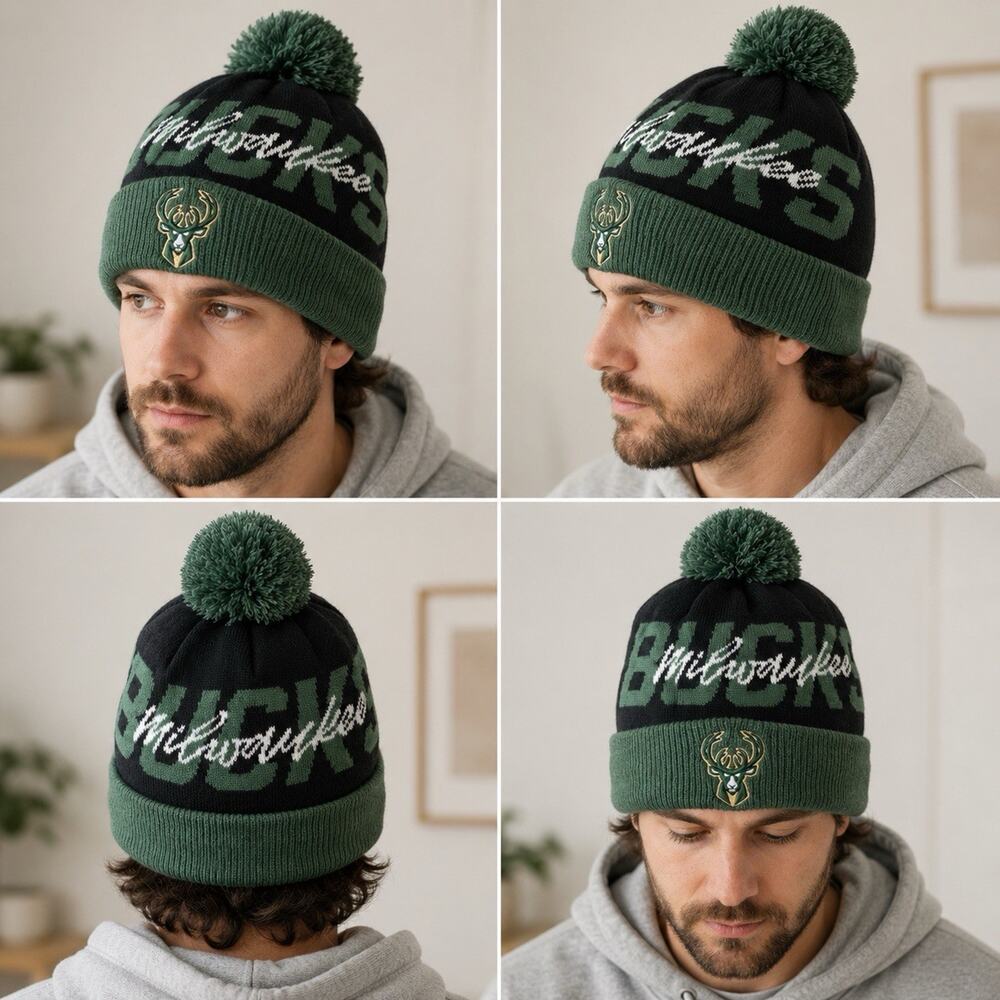 Milwaukee Bucks New Era Pom Knit Beanie Fear The Deer Green Black NBA OSFM